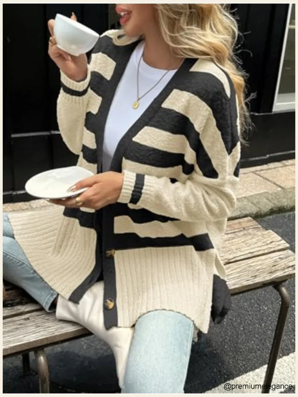 Fuzzy Knit V-Neck Button Down Cardigan Sweater with Side Slit and High Low Hem